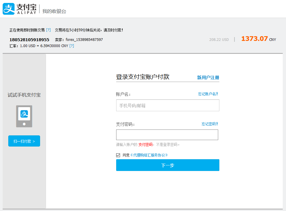 Alipay Cross-border login form